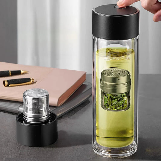 Glass Water Bottle With Tea Strainer and Magnetic Cup Lid